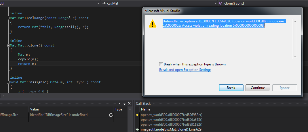 Access violation reading location - when I am trying to do a clone(). The  exception is in  - OpenCV Q&A Forum