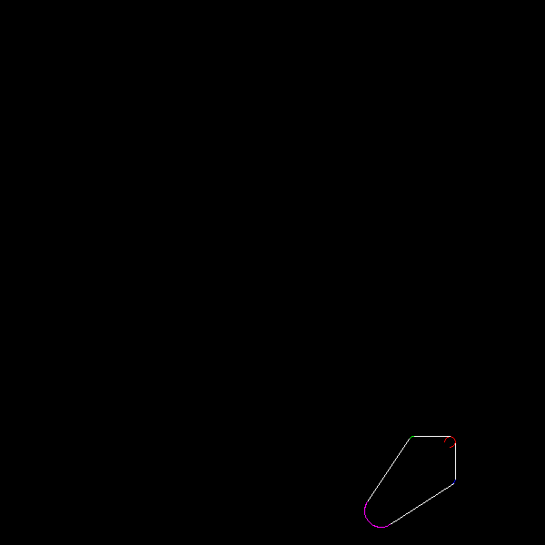#include <opencv2/core.hpp>
#include <opencv2/highgui.hpp>
#include <opencv2/imgproc.hpp>
#include <iostream>
using namespace cv;
using namespace std;
int main(int argc, char** argv)
{
Mat img(600, 600, CV_8UC3, Scalar(0, 0, 0));
Point2d center, start, end, arc_center;
center.x = 495.419403;
center.y = 527.065674;
double start_angle = 0.0;
double end_angle = 56.88228;
double full_angle = 56.88228;
start.x = 501.41940;
start.y = 527.06567;
end.x = 498.69757;
end.y = 532.090979;
arc_center.x = 500.695245;
arc_center.y = 529.92321;
double radius = 6.0;
double angle = 0.0;
Point2d lastline_end = end;
Point2d line_start = start;
cv::ellipse(img, center, cv::Size(radius, radius), angle, start_angle, end_angle, cv::Scalar(255, 0, 0));
center.x = 495.4194;
center.y = 486.31543;
start_angle = 270.0000;
end_angle = 0.0000;
full_angle = 90.0000;
start.x = 495.41940;
start.y = 480.31543;
end.x = 501.4194;
end.y = 486.31543;
arc_center.x = 499.6620;
arc_center.y = 482.07279;
radius = 6.00000;
line(img,line_start, end, Scalar(255, 255, 255));
line_start = start;
angle = 180;
cv::ellipse(img, center, cv::Size(radius, radius), angle, start_angle, end_angle, cv::Scalar(0, 0, 255));
center.x = 454.6691;
center.y = 486.31543;
start_angle = 213.11771;
end_angle = 270.000;
full_angle = 56.88228;
start.x = 449.64386;
start.y = 483.03727;
end.x = 454.66916;
end.y = 480.31543;
arc_center.x = 451.8116;
arc_center.y = 481.03959;
radius = 6.00000;
line(img, line_start, end, Scalar(255, 255, 255));
line_start = start;
angle = 0;
cv::ellipse(img, center, cv::Size(radius, radius), angle, start_angle, end_angle, cv::Scalar(0, 255, 0));
center.x = 419.4194;
center.y = 562.31543;
start_angle = 56.88228;
end_angle = 213.1177;
full_angle = 156.2354;
start.x = 429.2539;
start.y = 577.3913;
end.x = 404.3435;
end.y = 552.4809415;
arc_center.x = 406.69148;
arc_center.y = 575.04336;
radius = 18.00000;
line(img, line_start, end, Scalar(255, 255, 255));
line_start = start;
line(img, lastline_end, start, Scalar(255, 255, 255));
cv::ellipse(img, center, cv::Size(radius, radius), angle, start_angle, end_angle, cv::Scalar(255, 0, 255));
imshow("Image", img);
cv::waitKey(0);
return 0;
}
}