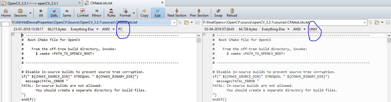 Difference in CMakeFiles.txt when in windows, thus linux macros are checked in